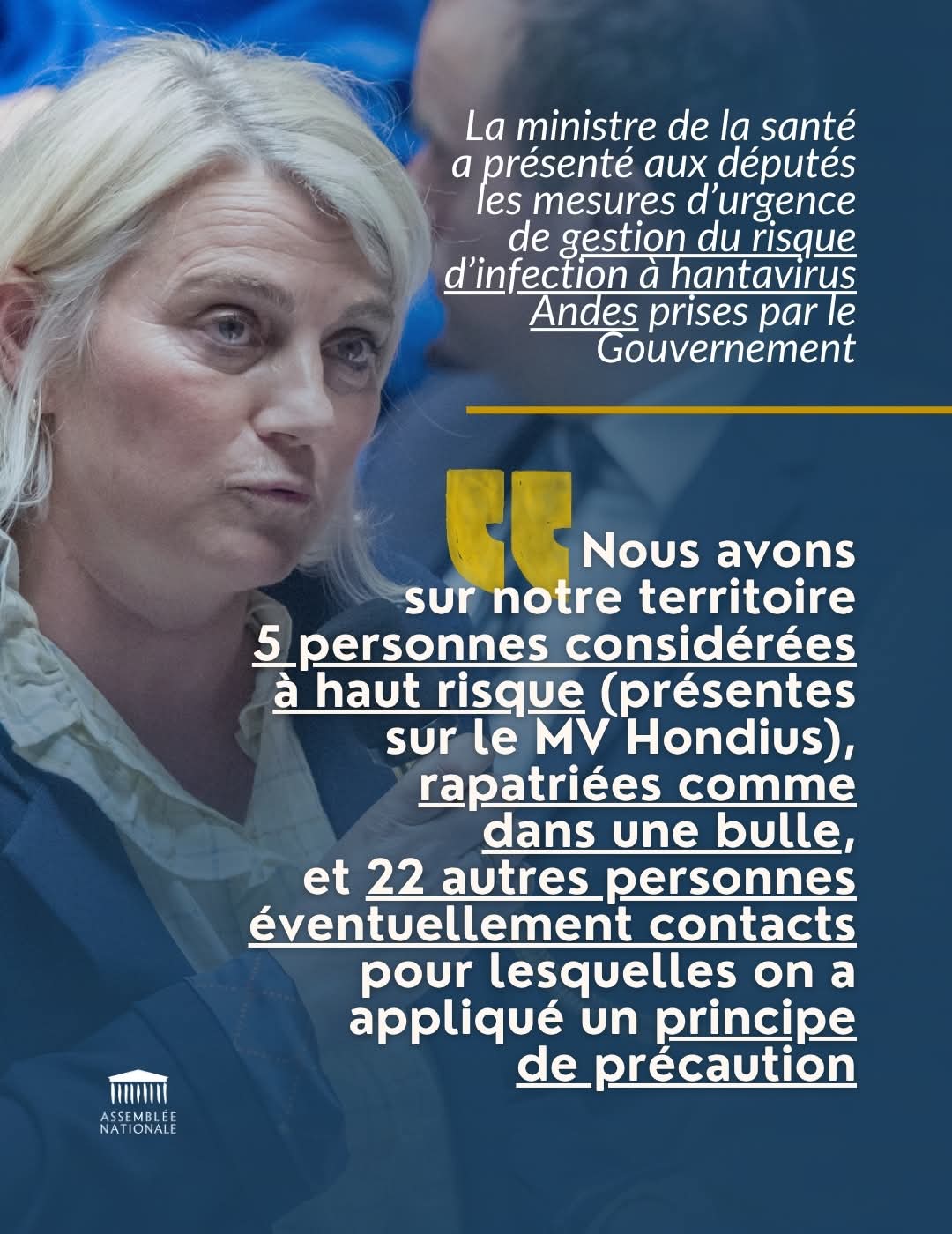 Hantavirus Andes : la ministre de la Santé Française, Cathérine Vautrin annonce des mesures d’urgence devant les députés