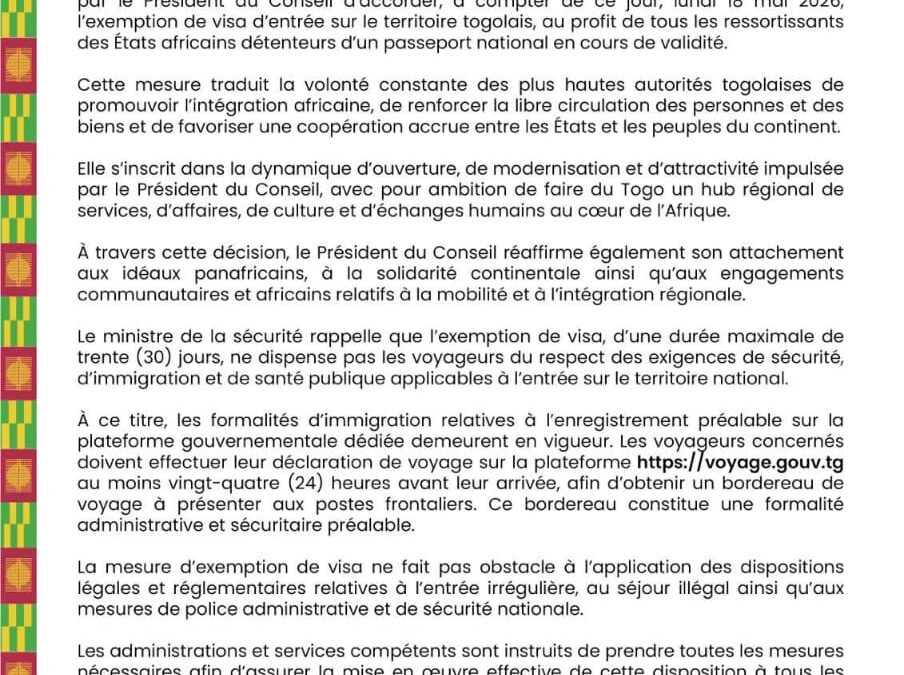 LE TOGO SUPPRIME LE VISA POUR TOUS LES AFRICAINS !