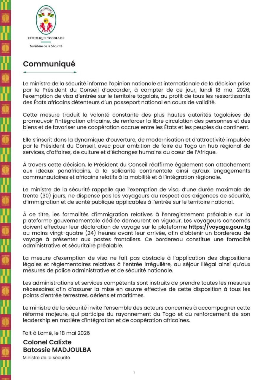 LE TOGO SUPPRIME LE VISA POUR TOUS LES AFRICAINS !