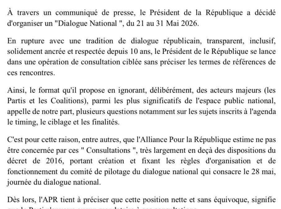 Dialogue national : l’APR rejette les consultations du président de la République et boycotte le processus